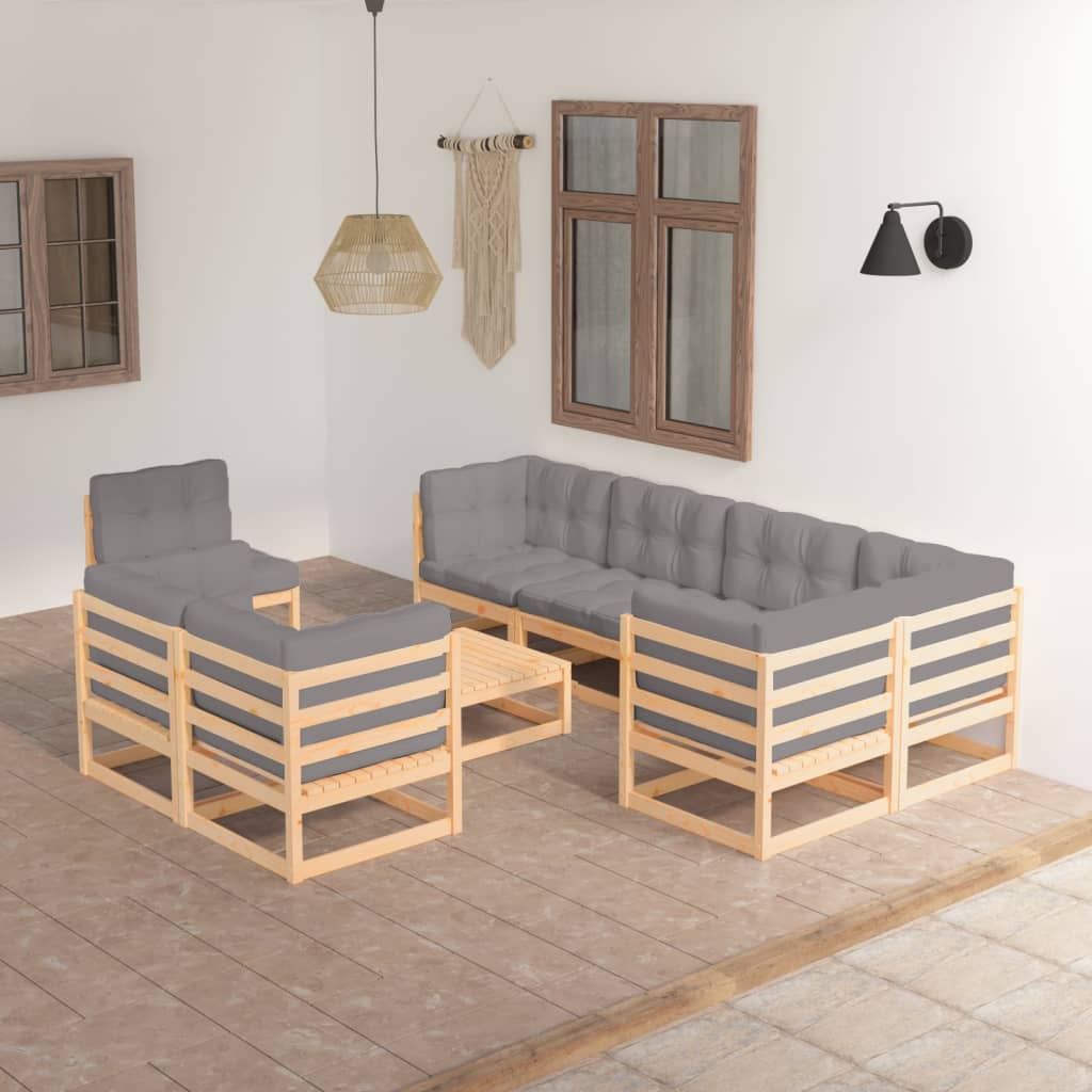 9-tlg. Garten-Lounge-Set mit Kissen Kiefer Massivholz